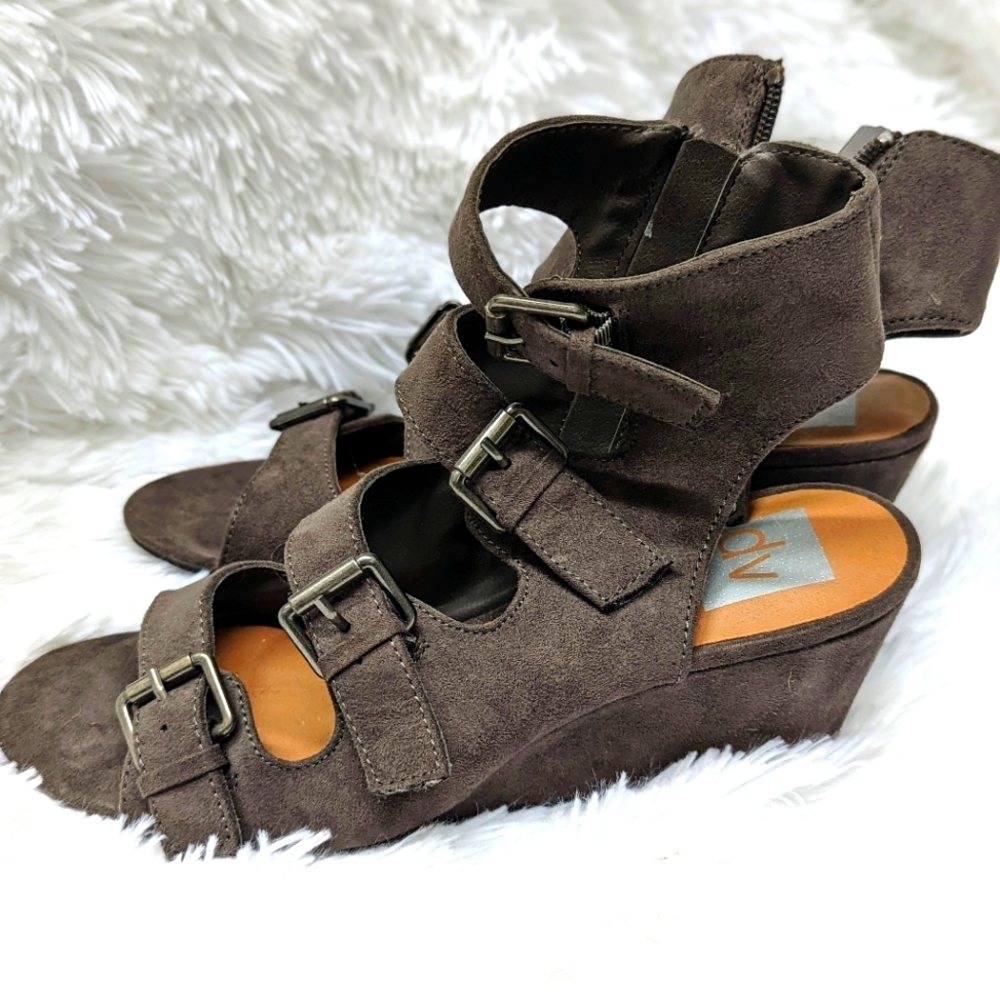 DV Gray Faux Suede Strappy Wedge Sandals
